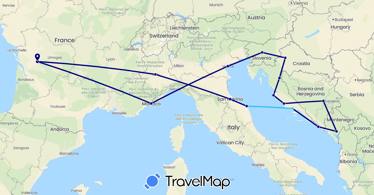 TravelMap itinerary: driving, boat in Bosnia and Herzegovina, France, Croatia, Italy, Monaco, Montenegro, Slovenia, San Marino (Europe)